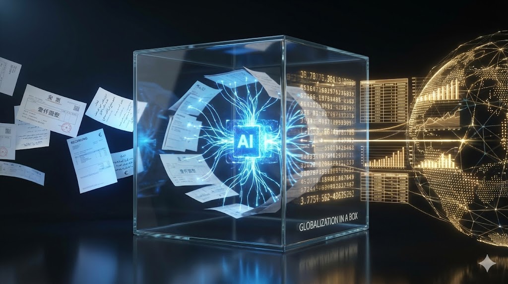 Conceptual 3D illustration labeled 'Globalization in a Box' showing a glowing AI cube processing floating multilingual documents and currency symbols into structured global data streams